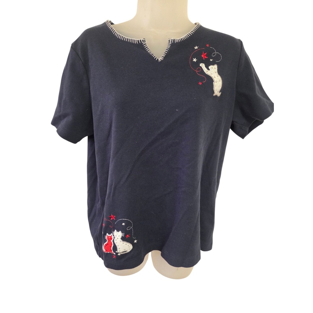 Bonnie Evans Navy Blue Embroidered Cat Star Top Short Sleeve V-Neck Large